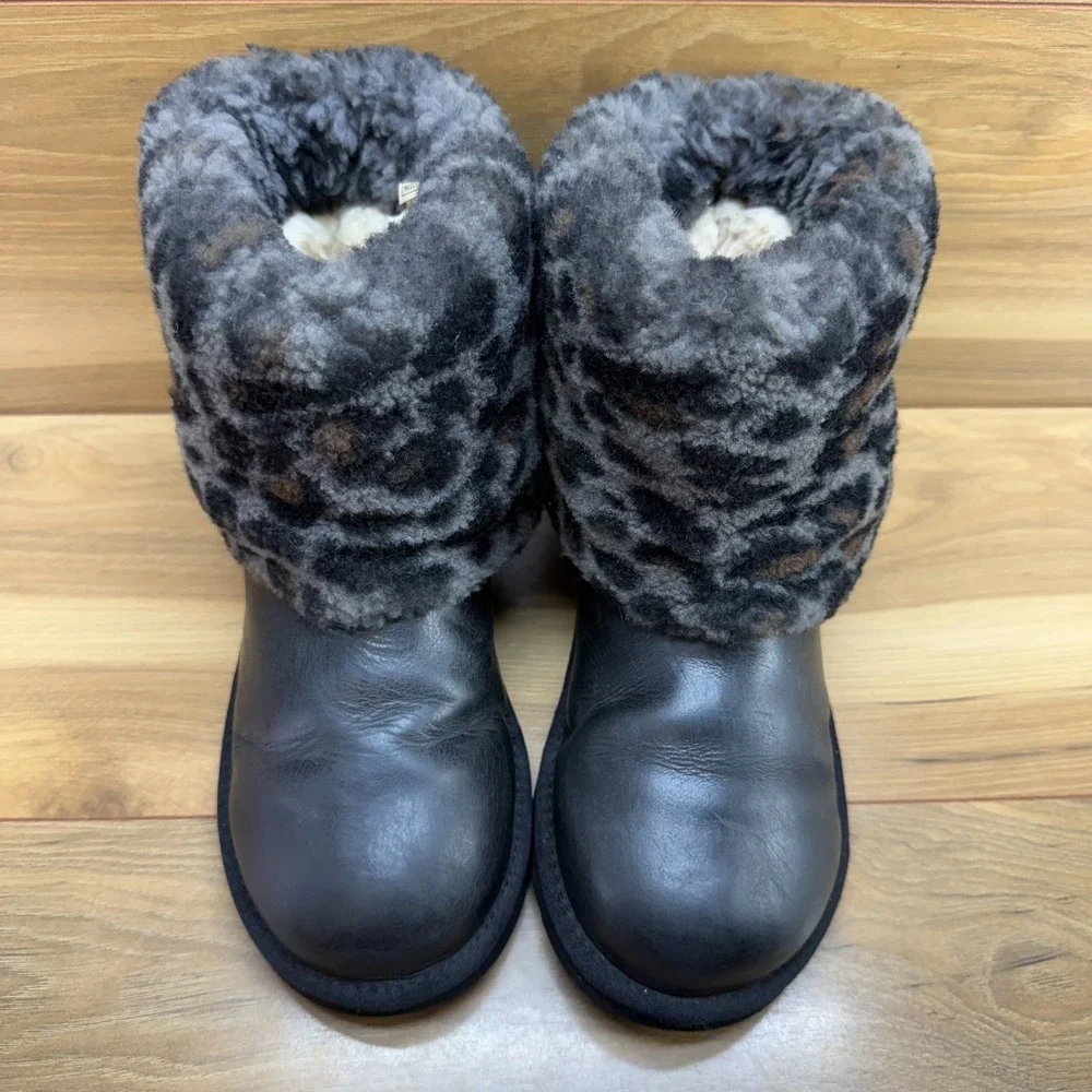 UGG Ellee Leopard Cheetah Print Fur Boots Youth Girls 6 Black Leather Cozy